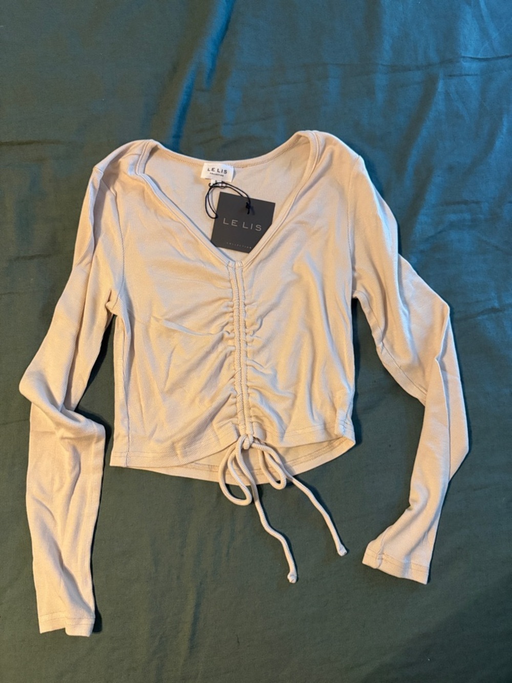 Le Lis Beige Ruched Drawstring V-Neck Long Sleeve Top